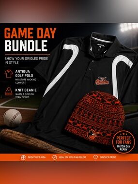 Baltimore Orioles Antigua Polo & Fair Isle Knit Beanie Bundle –Med - Good Cond!
